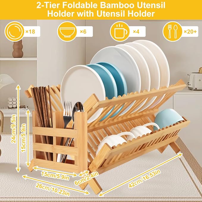 Tefola Bamboo Dish Drying Rack, 2-Tier Foldable Design with Utensil Holder, Kitchen Plate Rack Dish Drainer Rack Dish Racks for Kitchen Counter, 16.5 x 17 inches