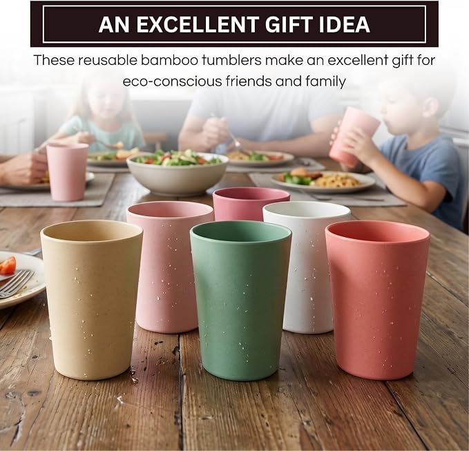 Wheat Straw & Bamboo Cups | Set of 6 Unbreakable 12oz Drinking Glasses, Premium, Reusable & Dishwasher Safe, 6 Vibrant Colors for Water, Juice or Coffee, Eco-Friendly Alternative to Plastic Glassware