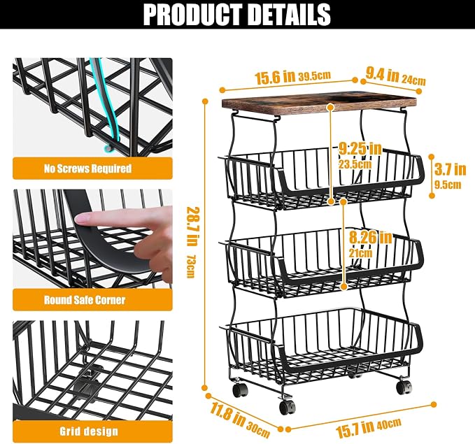 Gsiekare Fruit Vegetable Basket for Kitchen, 4 Tier Stackable Fruit Vegetable Storage Baskets with Wheels, Metal Wire Storage Basket Organizer Baskets for Kitchen, Pantry, Bathroom