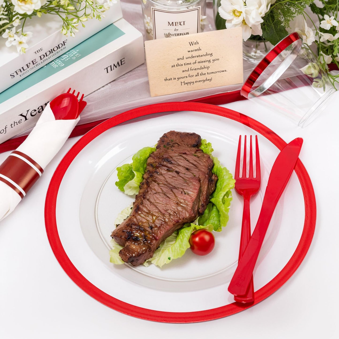 Liacere 350PCS Clear and Red Plastic Mothers Day Plates and Napkins for 50Guests Plastic Dinnerware Set:100 Red Disposable Plates 50 Pre Rolled Napkins with Cutlery,50 Cups for Mothers Day&Graduation