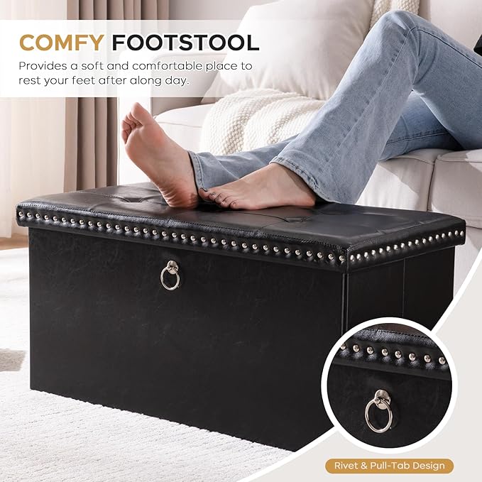oakvivo Folding Storage Ottoman Bench 30in, Leather Foot Rest Stools Ottoman with Storage, Coffee Table, End of Bed Bench Footstool for Living Room, Bedroom, Load 330 lb, 30x15x15 inches, Black