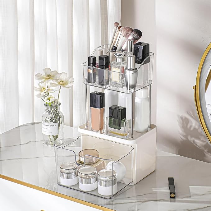 FORUP Makeup Organizer for Vanity, 2-Tier 1-Drawer Bathroom Counter Organizer, Multi-Purpose Vanity Organizer, Skincare Perfume Organizers, Cosmetic Dresser Organizer for Vanity Countertop, Clear