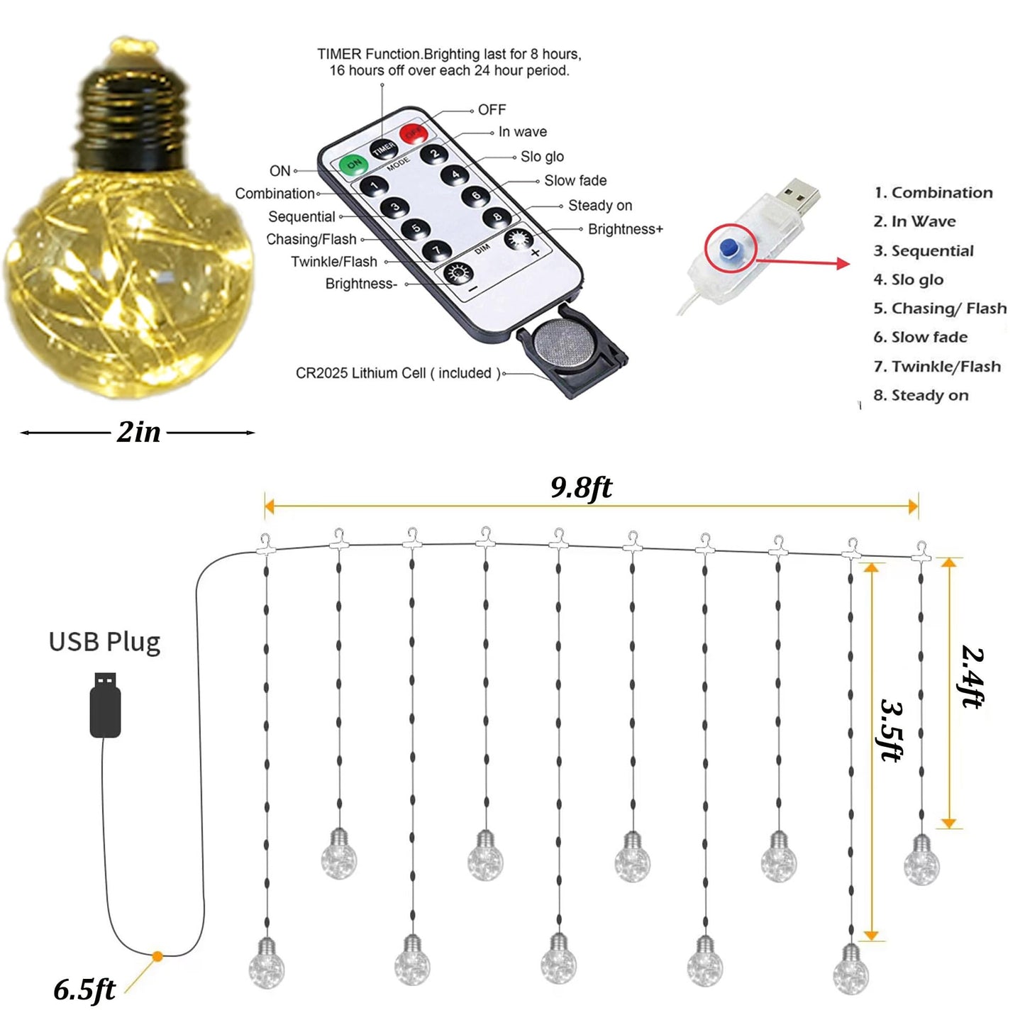 Decorman Wishing Ball Curtain Lights, 8 Modes 200 LED USB Powered Window Curtain String Lights with Remote Globe Twinkle Fairy Firefly Lights for Bedroom Wedding Party Christmas
