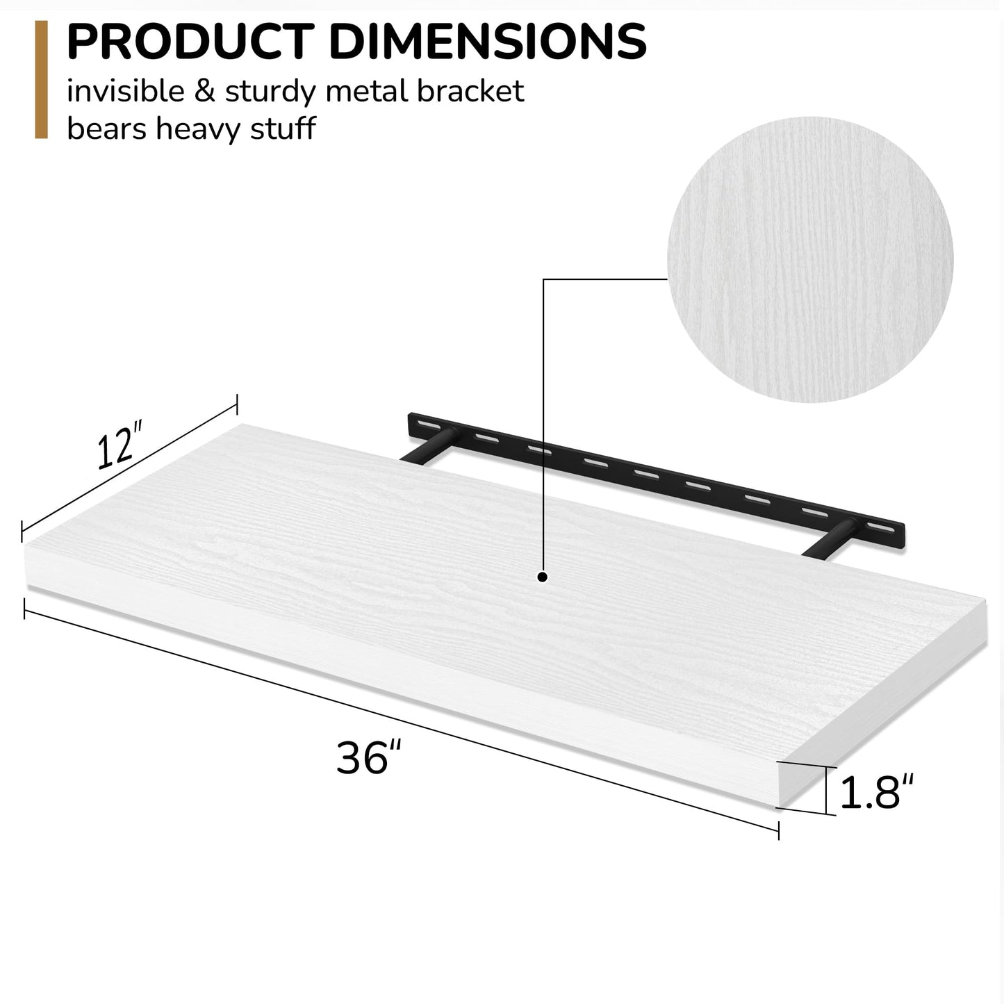 Fun Memories Floating Shelves - 2 Pack 12 Inch Rustic Wooden Wall Shelves - Extra Deeper & Thicker Wall Mounted Storage Shelf for Living Room, Kitchen, Farmhouse - 36" W x 12" D x 1.8" H - White