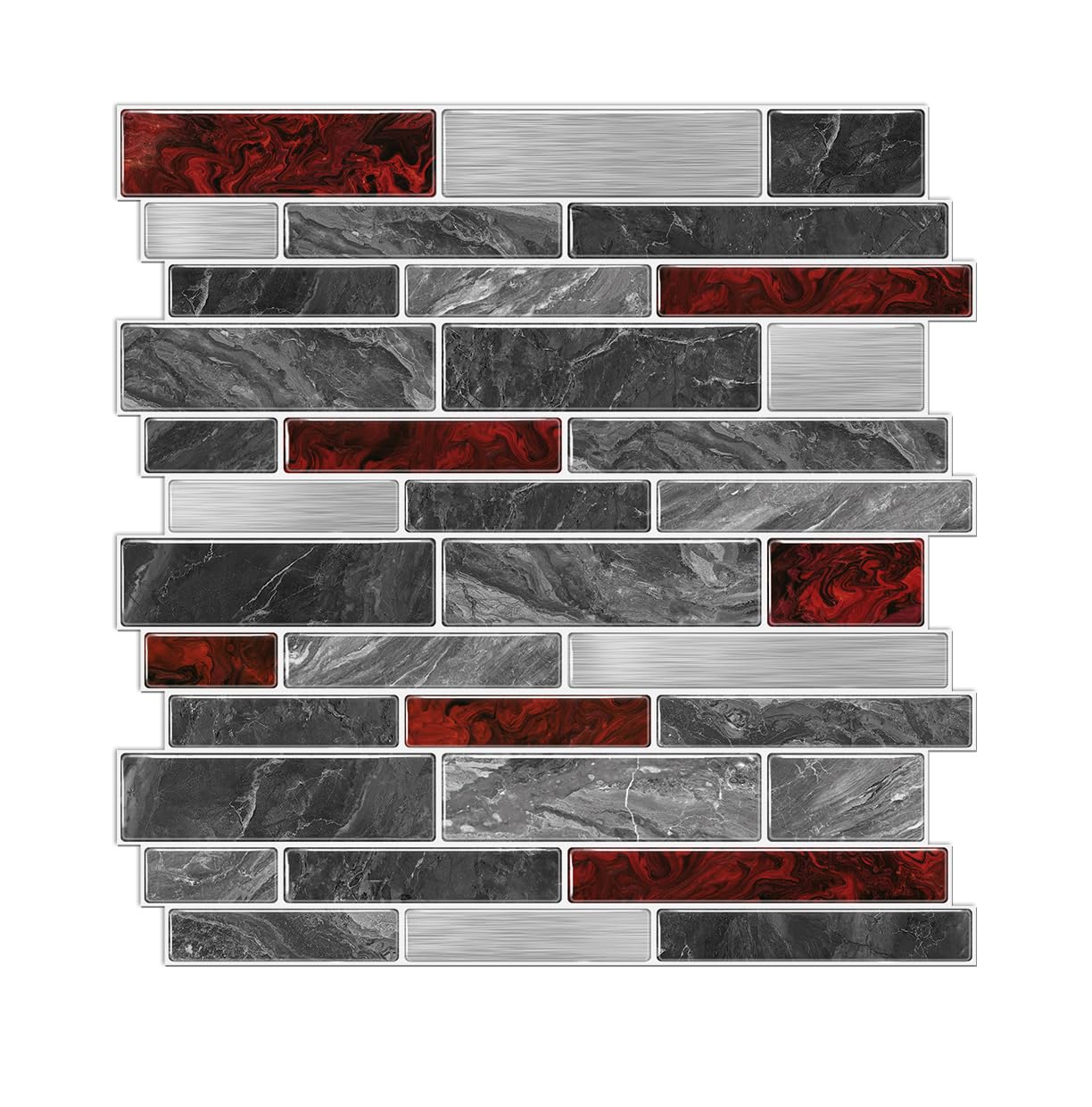 Alwayspon 10 Sheets 12" x12inch Black and Red Marble Effect Vinyl Tiles, Backsplash, Self-Adhesive Peel and Stick Wall Tile Stickers, Stick on Subway Tiles for Kitchen Bathroom Wall Decor