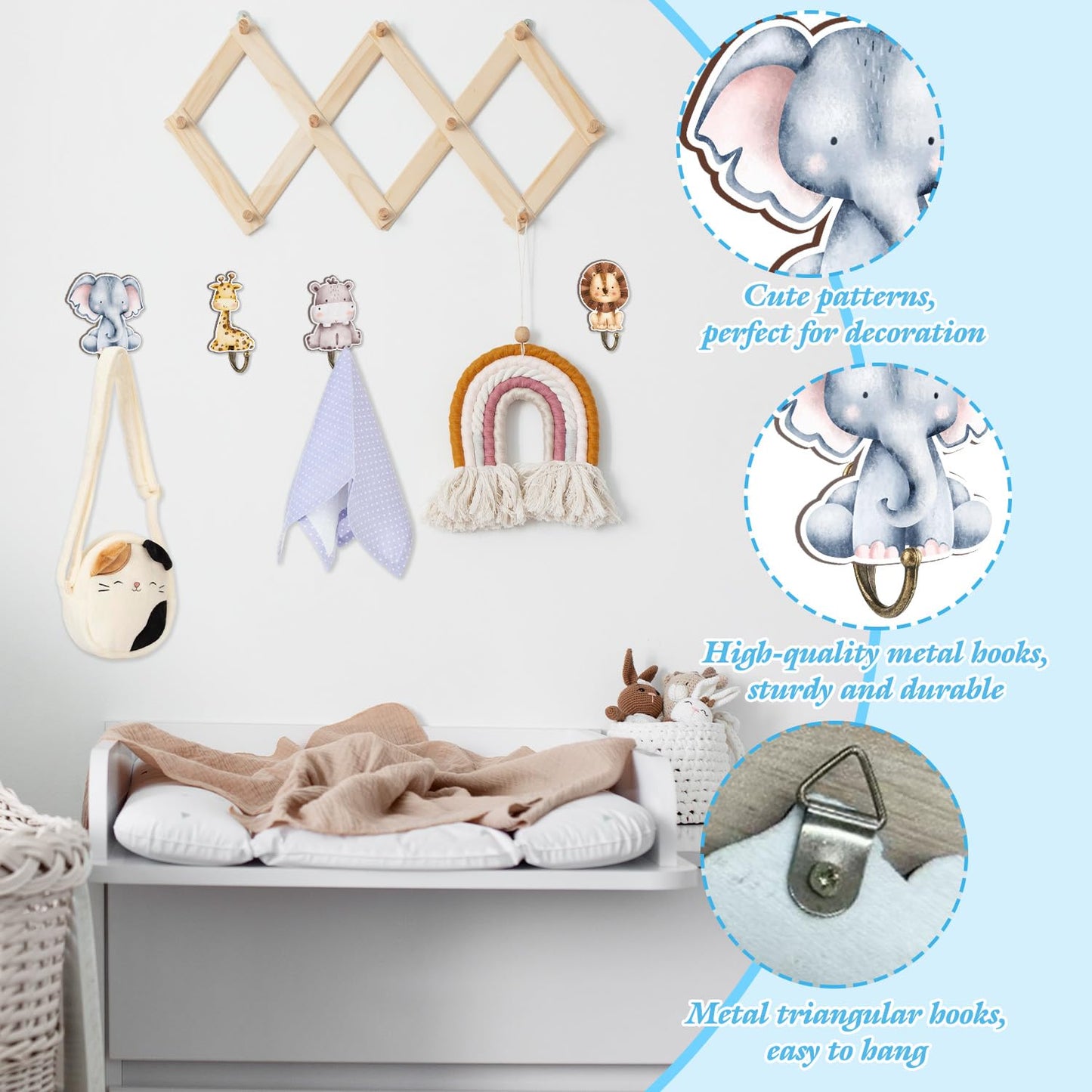 MJSXY Safari Nursery Decor Animal Wall Hooks, 4 Pcs Wooden Jungle Hooks for Kids Room,Animal Towel Hangers for Baby Boy Nursery Bathroom Bedroom Home Decor, 4 x 4 Inches Cute Hook for Wall