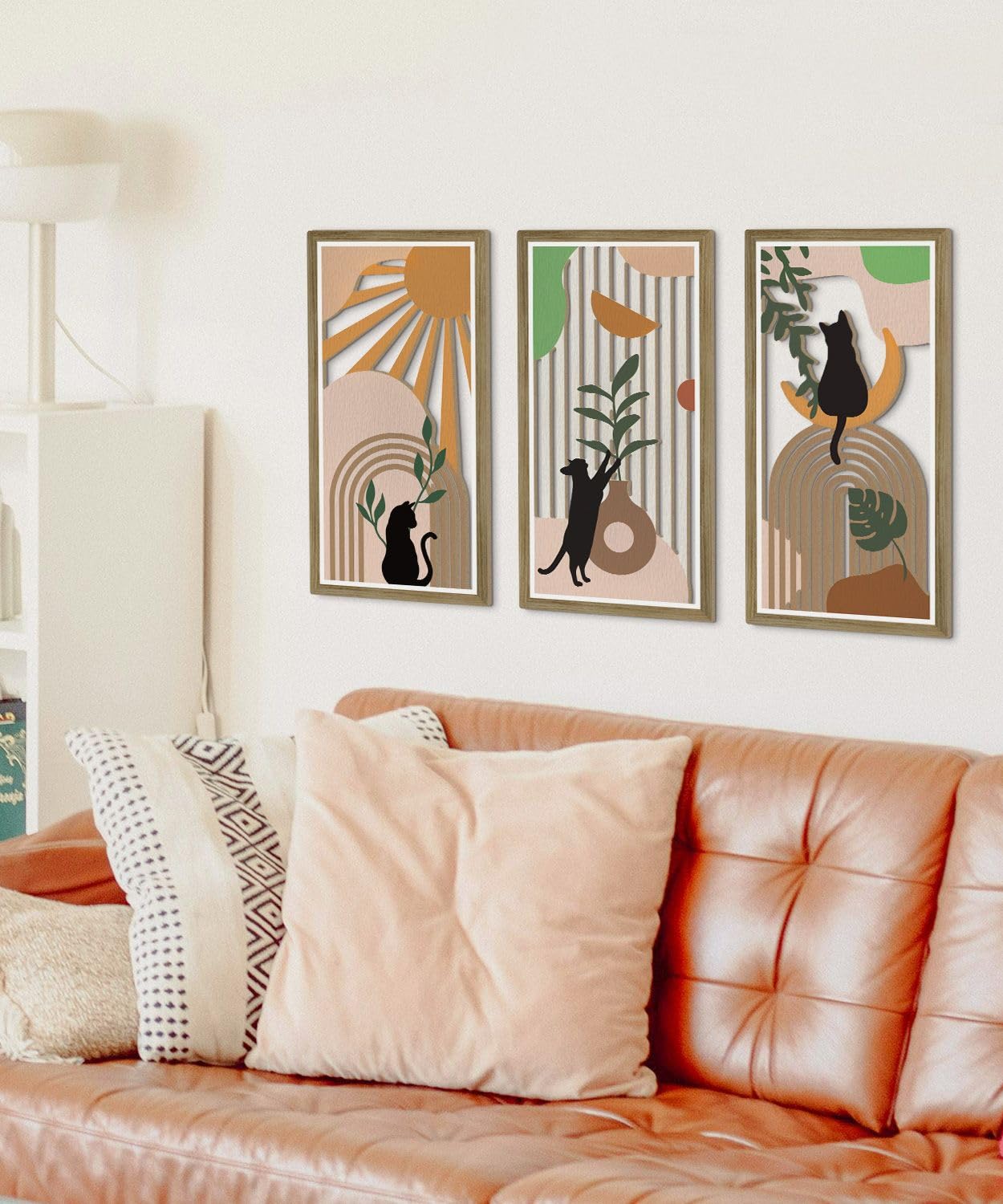 Putuo Decor Boho Wall Decor Set of 3, Abstract Boho Cat Wall Art, Mid Century Modern Black Wall Decr for Cat Lovers Home Bedroom Living Room Office