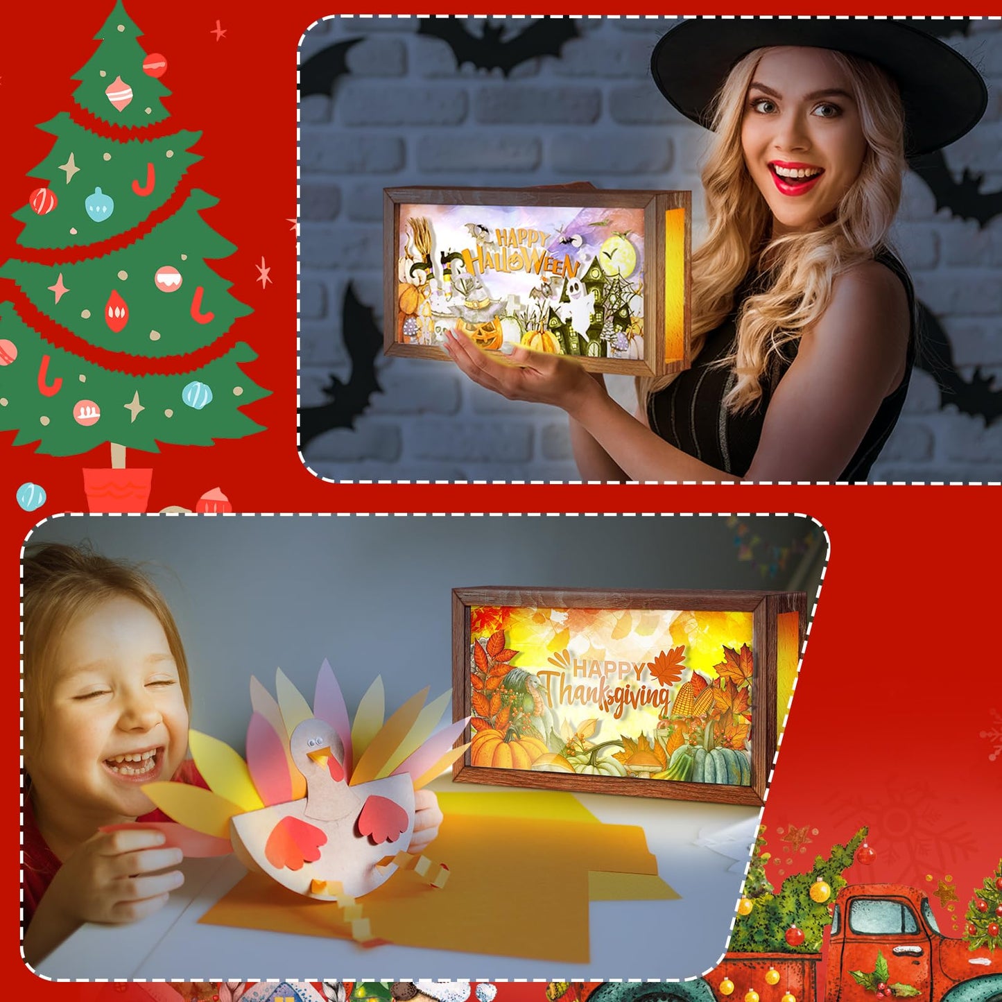 Yuefunny 17 Pcs Interchangeable Holiday Season Sign Fall Thanksgiving Christmas Winter Night Light Shadow Box LED Welcome Wood Sign for Table Decorative Wooden Seasonal Decorations Ornament Gifts