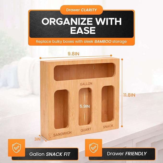 Earth’s Dreams Bamboo Kitchen Drawer Organizer – Resealable Food Storage Bag Holder for Gallon, Quart, Sandwich & Snack Sizes – Eco-Friendly Baggie Organizer for Plastic Storage Bags