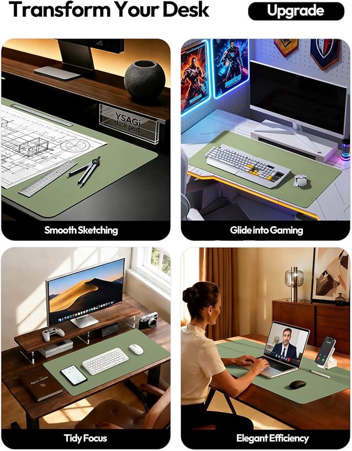 YSAGi Leather Desk Pad Protector, Office Desk Mat, Large Mouse Pad, Non-Slip PU Leather Desk Blotter, Laptop Desk Pad, Waterproof Desk Writing Pad for Office and Home (Bamboo Green,55" x 24")