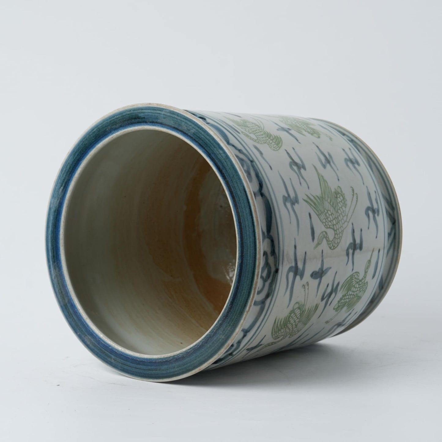 Antique Hand-Painted Flower and Bird Porcelain Pen Holder Old Style Ceramic Planter 9.7 Inch Large Plants Vase Blue & White Porcelain Silla Flower Plant Pots (Green and Blue)