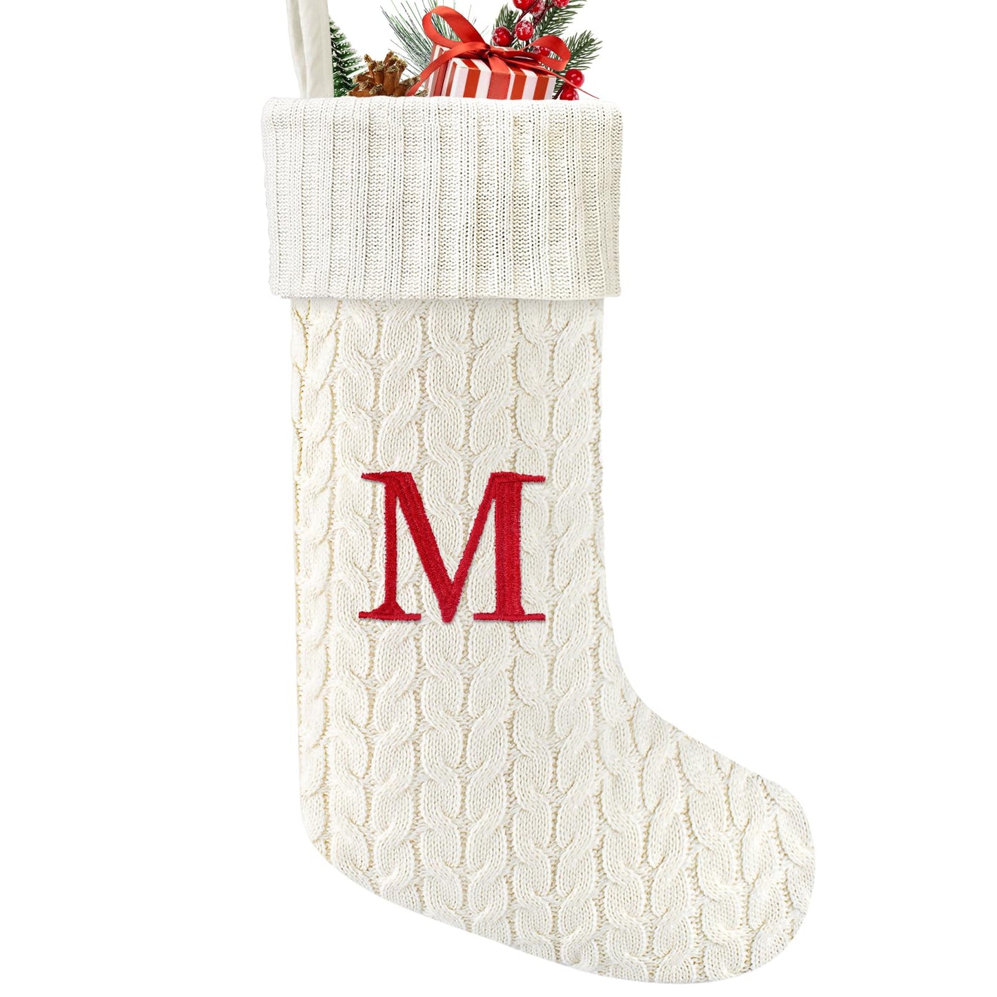Yoochee 21 Inches Knitted Christmas Stockings with Initials, Large White Custom Monogram Embroidery Christmas Stockings with Letter, Personalized Xmas Decoration for Holiday Family Party-M