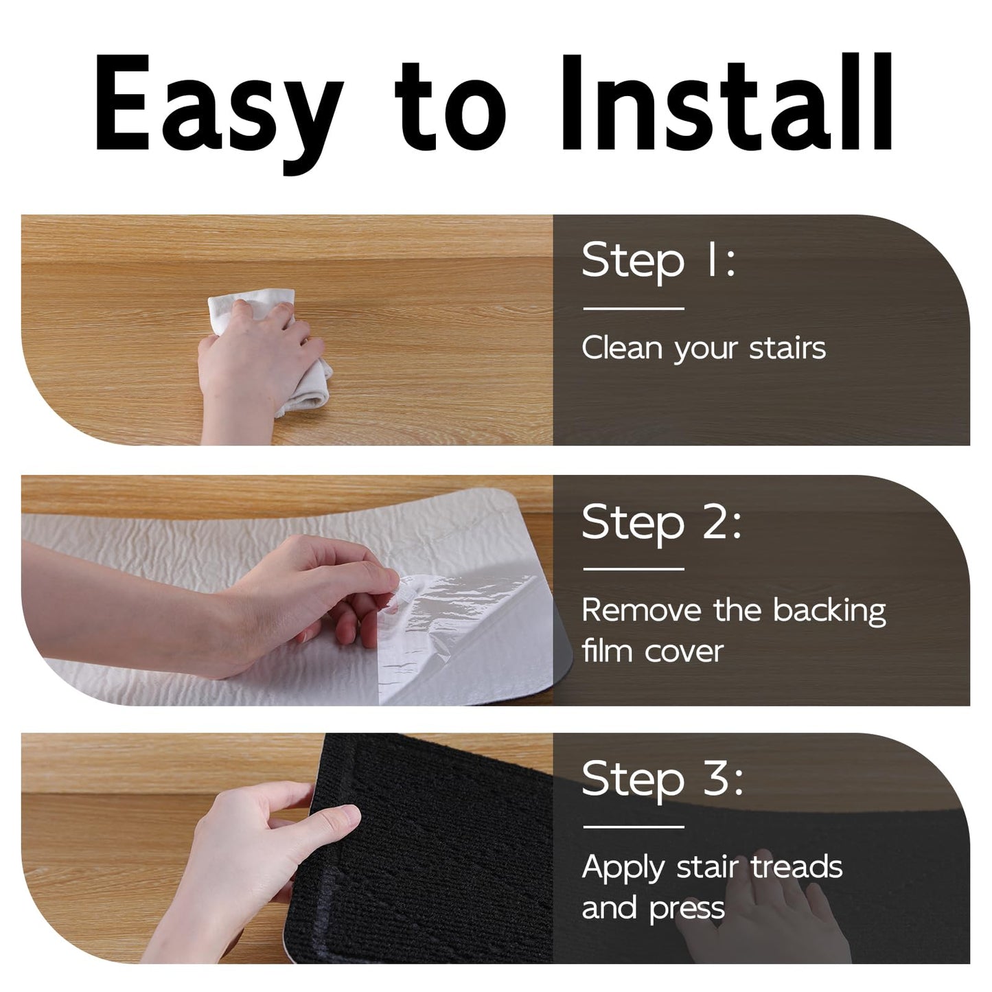 RIOLAND Carpet Stair Treads for Wooden Steps Indoor 9" x 36" Non Slip Stair Treads for Wood Stair with Reusable Adhesive, 15 Pack Peel and Stick Stair Runner for Kids Elders and Dogs, Diamond Black