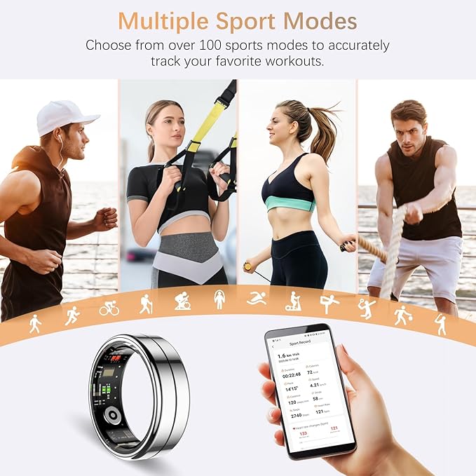 Fit Ring, Smart Health Rings for Women Men with Heart Rate,Blood Oxygen,HRV,Stress Level, Sleep Monitor, Step Tracker, No Subscription Fee, IP68 Waterproof Smart Ring for iphone &Android (Silver, 10#)