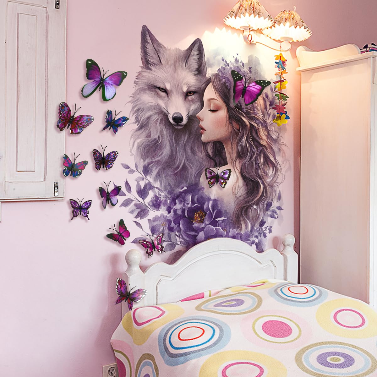 Siraveil Art Wolf Wall Stickers with Butterfly Flowers Fairy Wall Art Decals, 12 Butterflies PVC Decor for Nursery Living Room Bedroom Kids Room 23.6x11.8 Inch