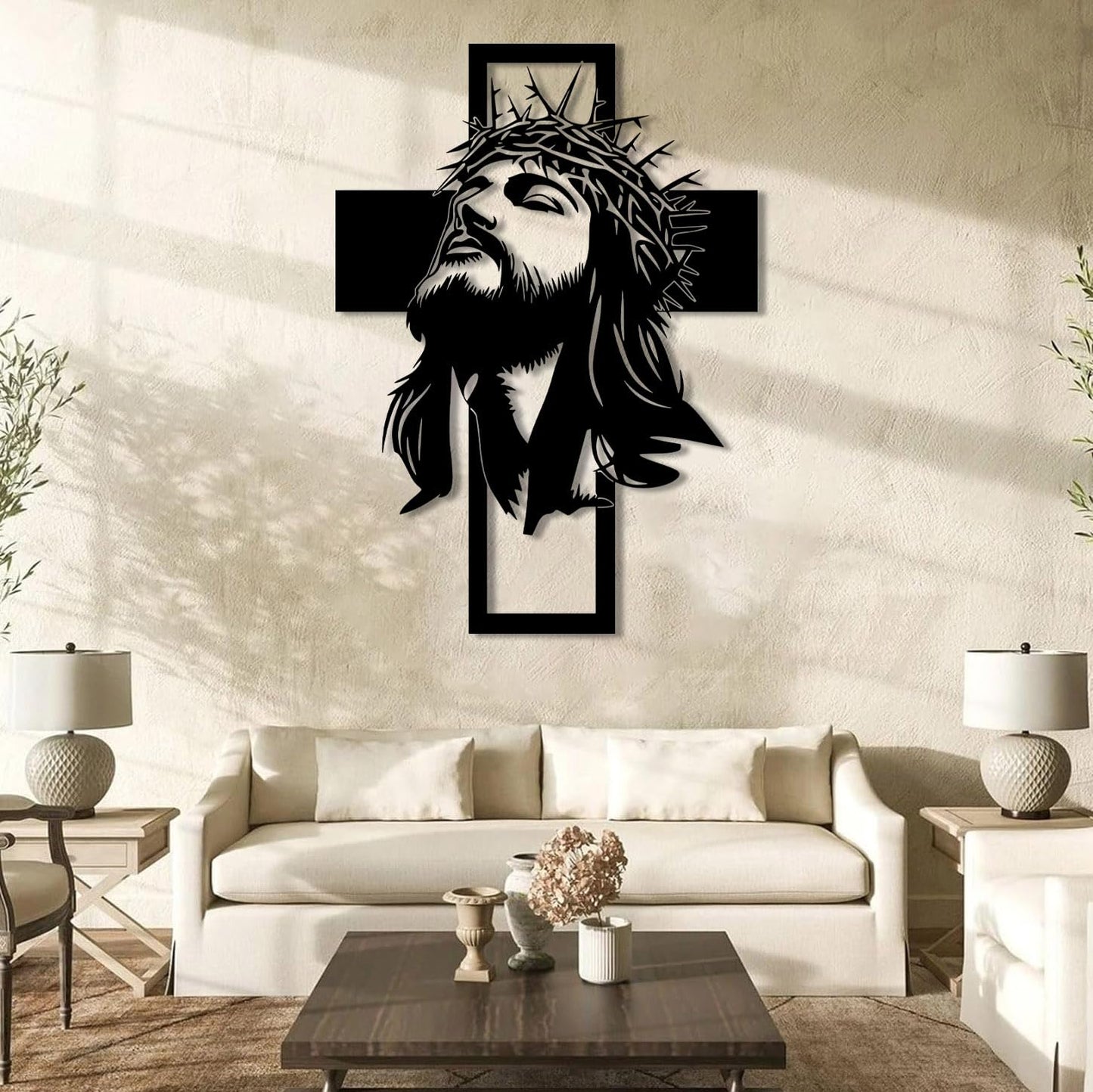 kawazu Metal Jesus Cross Wall Art, Christian Metal Wall Art, Jesus Cross Home Decor, Crosses Hanging, Large Crucifix Decorations for Church (Black, 30"x21"/76x54cm)