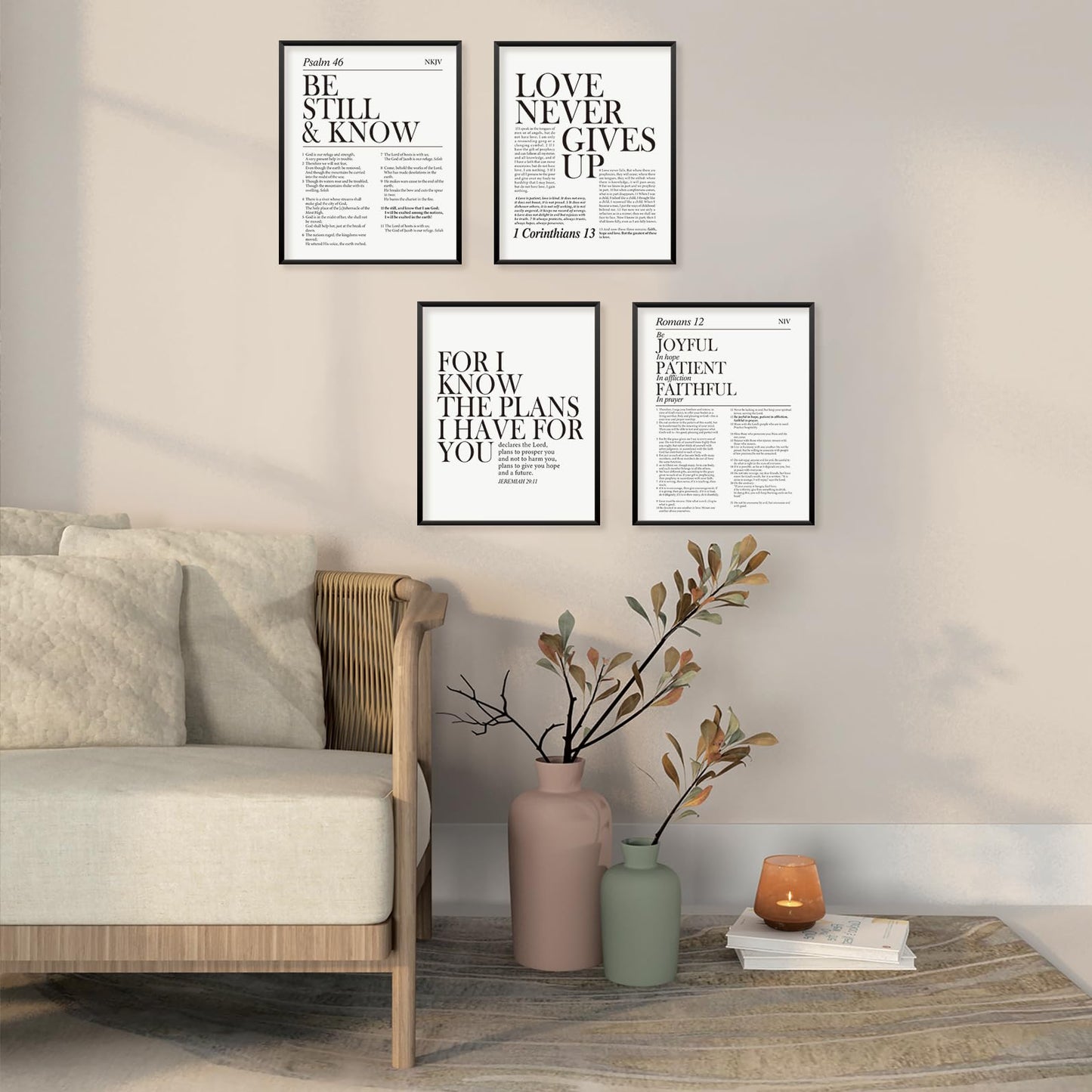 Locomiss Black and White Christian Wall Art Decor, Modern Bible Verse Prints, Minimalist Jesus Scripture Wall Decor, Inspirational Bible Posters for Bedroom Office Living Room, Set of 4 (8x10 Unframed)