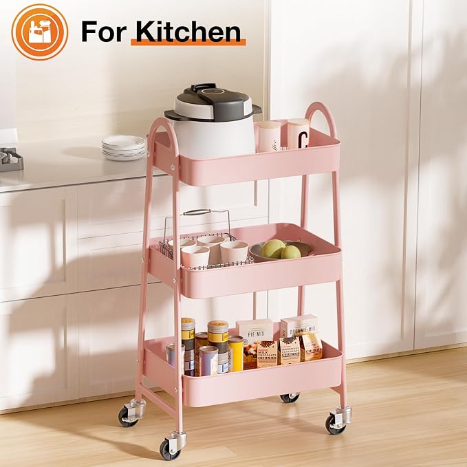 NEWBULIG 3-Tier Metal Rolling Storage Cart, Heavy Duty Mobile Utility Organizer Shelf with Lockable Wheels, Multifunctional Trolley for Daily Supplies, Home Indoor Daily Use, Pink