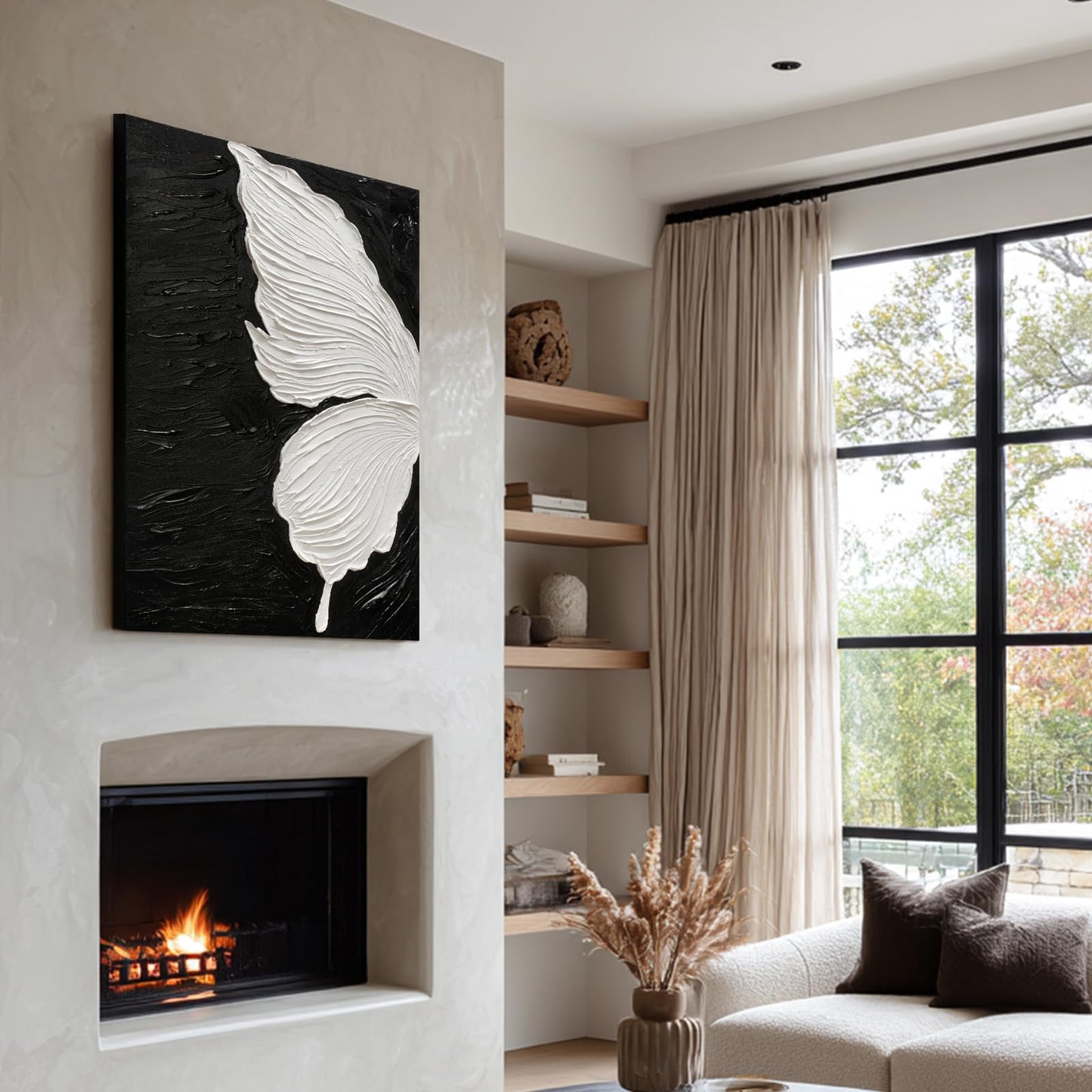JUHOME Abstract Butterfly Canvas Wall Art – 24x36 Original Hand-Painted Black &White Textured Butterfly Wing Oil Painting on Black Canvas, Modern Minimalist Vertical Wall Decor for Living Room Bedroom