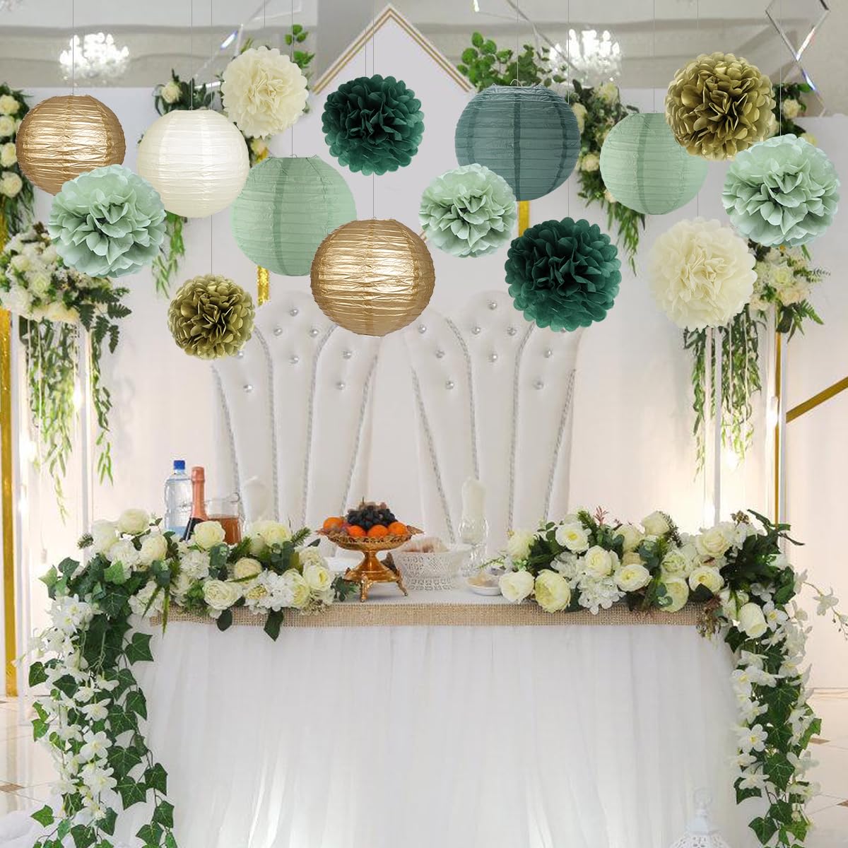 zilue Sage Green Party Decorations, Paper Lanterns and Pom Poms Flowers for Birthday Party Baby Shower Wedding Shower Decor Gold/Ivory/Sage Green 15pcs