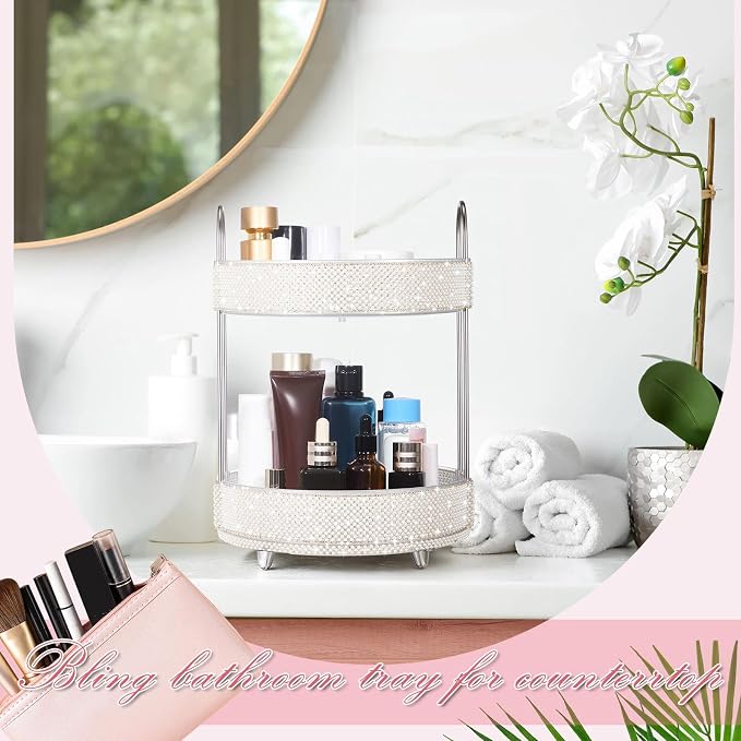 Honeydak 360 Rotating Perfume Organizer Gift for Women, Rhinestone Preppy Skincare Organizer Bathroom Counter Makeup Holder Skincare and Perfume Storage for Cosmetic(2 Tiers,Pearl,White)