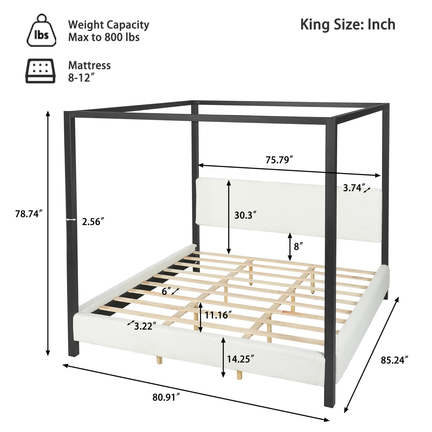 Merax King Size Modern Canopy Bed Frame, Merax Black Metal Platform Bed with Bouclé Upholstered Headboard, Four-Poster Design Wooden Slats Support Bedroom Bed Frame
