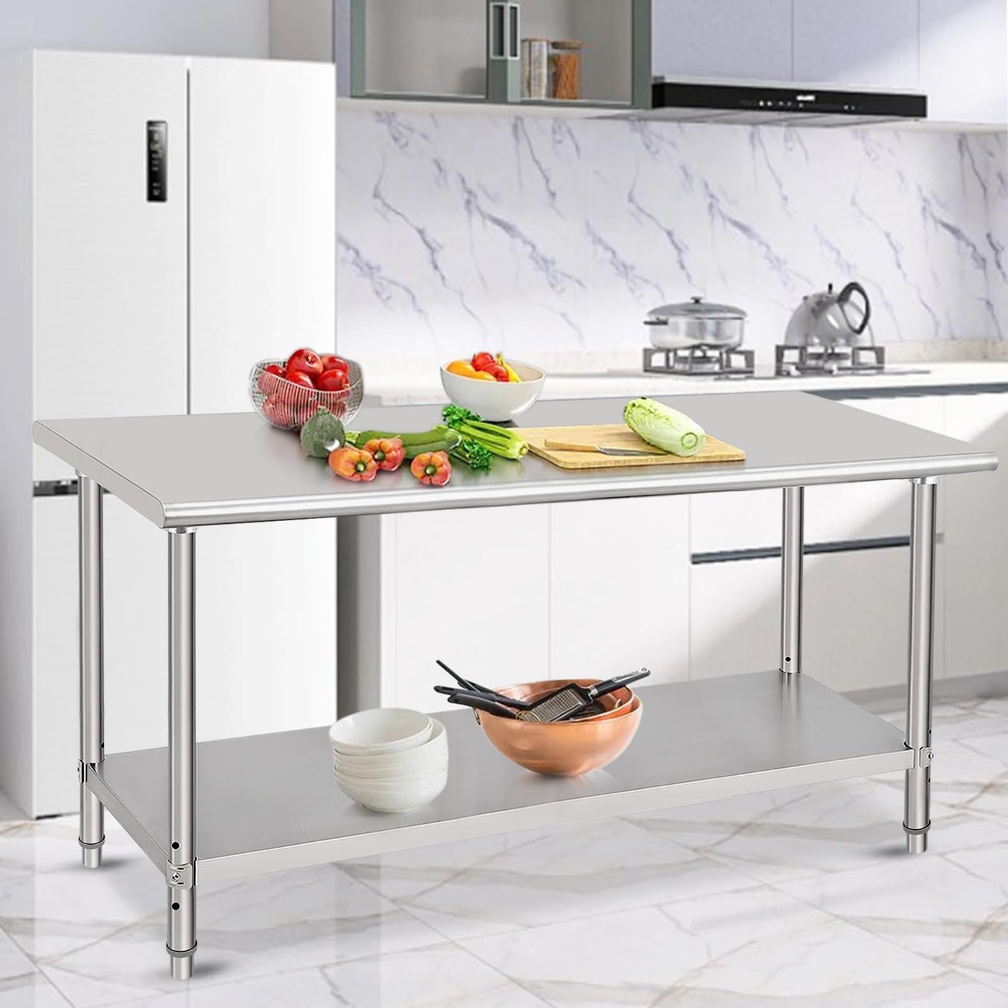 Garvee 72 x 30 Inches Stainless Steel Table, NSF Metal Prep Table with Adjustable Under Shelf and Wheels, Commercial Heavy Duty Worktable for Kitchen Restaurant Home Hotel
