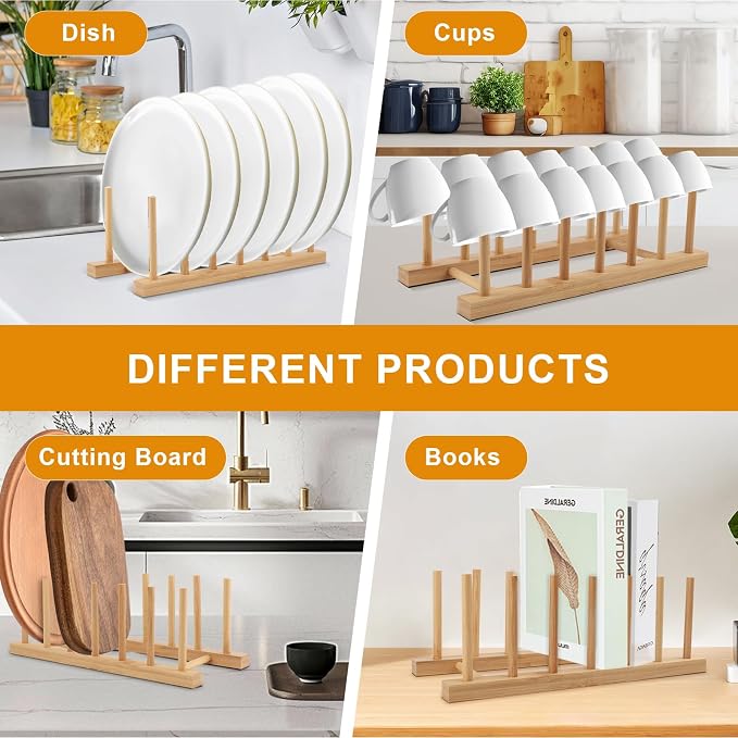 2 Pack Bamboo Dish Drying Rack, Natrual Wooden Plate Rack Holder, Kitchen Storage Organizer for Dish, Plate and Cutting Board