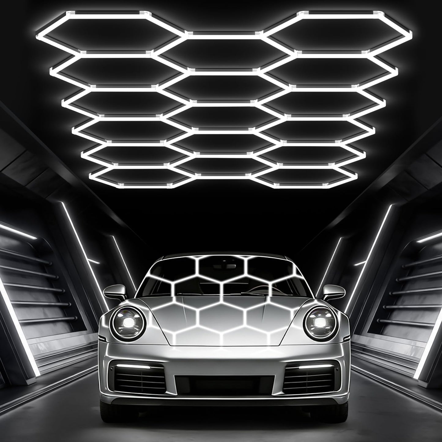 Glitgate Hexagon Garage Lights, Car Detailing & Gym, 476W 52360LM LED Shop Light, 6500K Hexagon Ceiling Light Grid, Modern LED Ceiling Light for Showroom Barber Shop