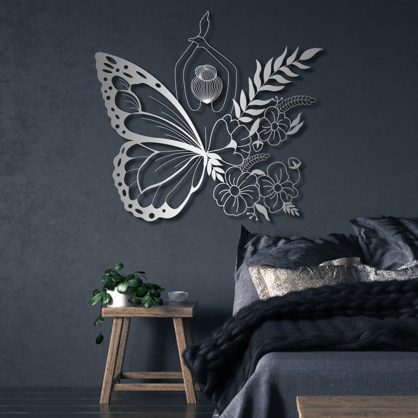 Cadeali Butterfly Woman Metal Wall Art, Flower Butterfly Wall Decor, Minimalist Line Art, Flowers Decorations, Home Living Room Decor, Gifts for Her (19 x 17 inch | 47 x 43 cm, (White)
