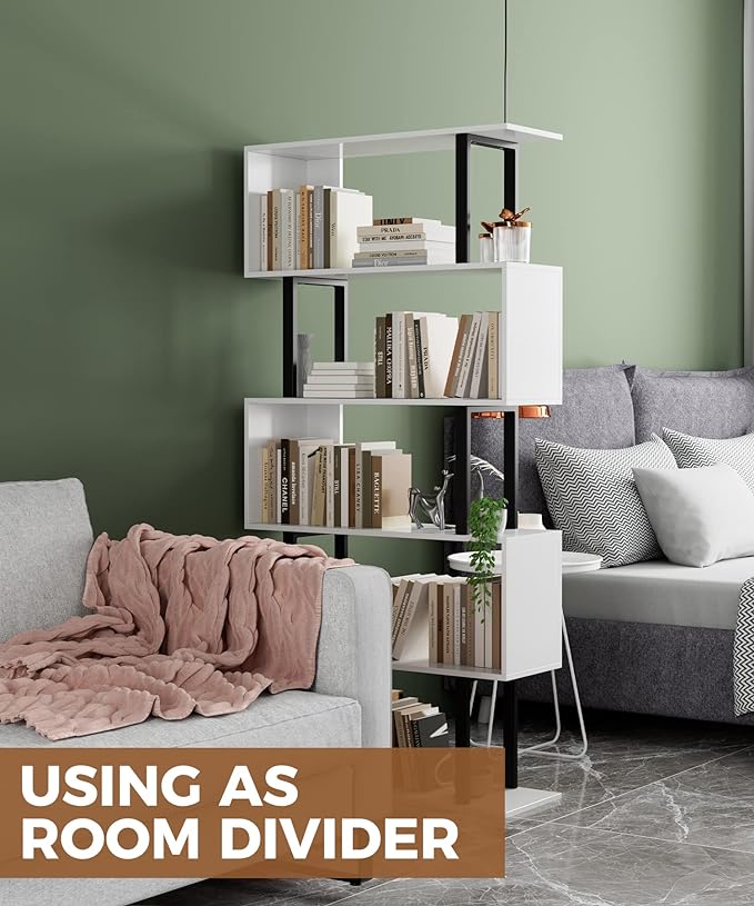 Gadroad 5 Tier Geometric Bookcase,S Shaped Bookshelf, Wood Decorative Storage Shelving, Modern Freestanding Display Shelves, Tall Book Shelf Unit for Living Room Bedroom, White