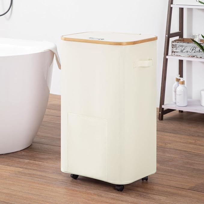 Vincona Laundry Basket with Wheels, Tall Dirty Clothes Hamper on Wheels, Rolling Laundry Hamper with lid for Dorm, Bedroom and Bathroom (Beige, 100L)