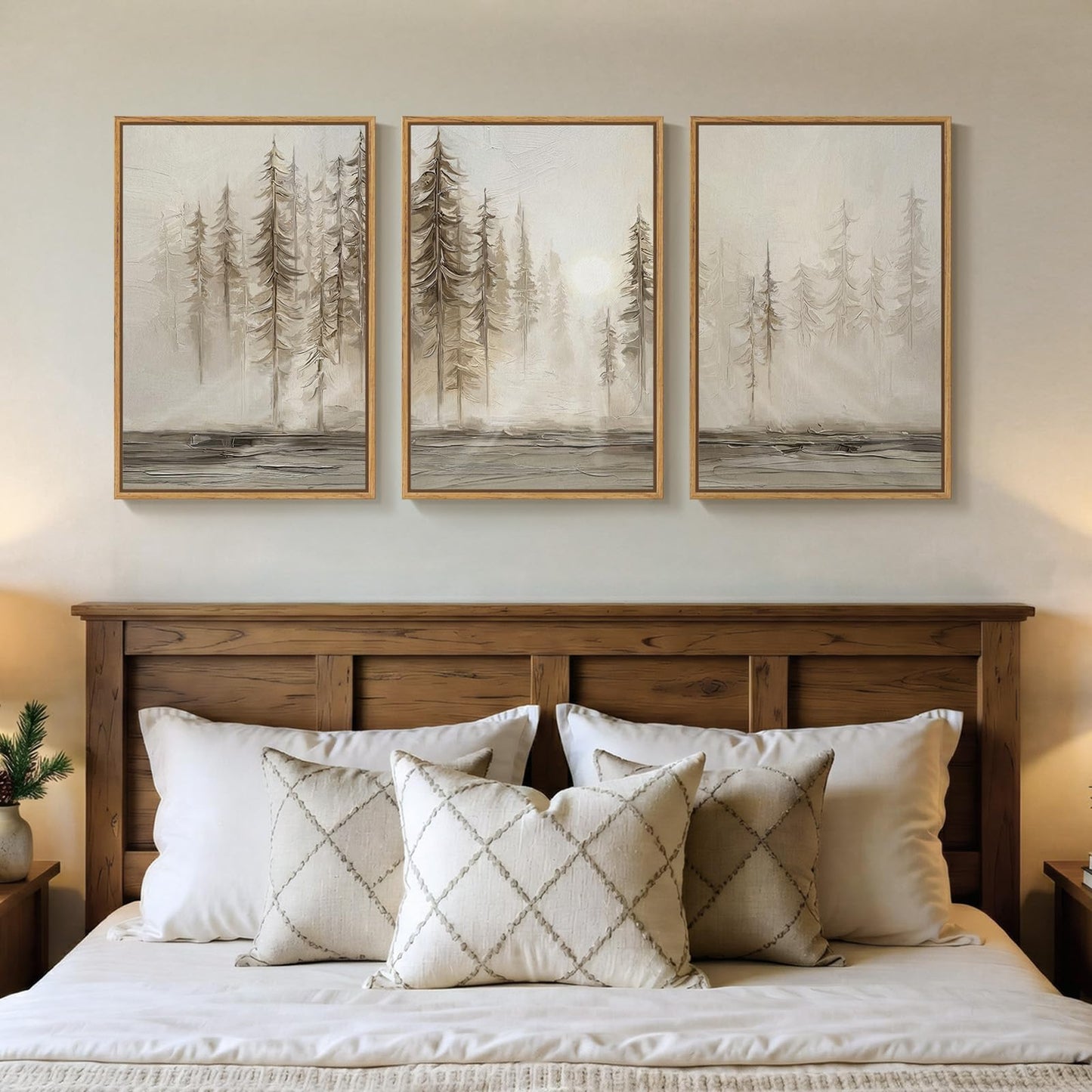 Framed Neutral Tree Set of 3 Wall Art Bedroom, Abstract Modern Rustic Landscape Beige Canvas Artwork for Walls, Nordic Misty Forest Farmhouse Wall Decor for Bedroom Hallway Office, 16x24 Inch