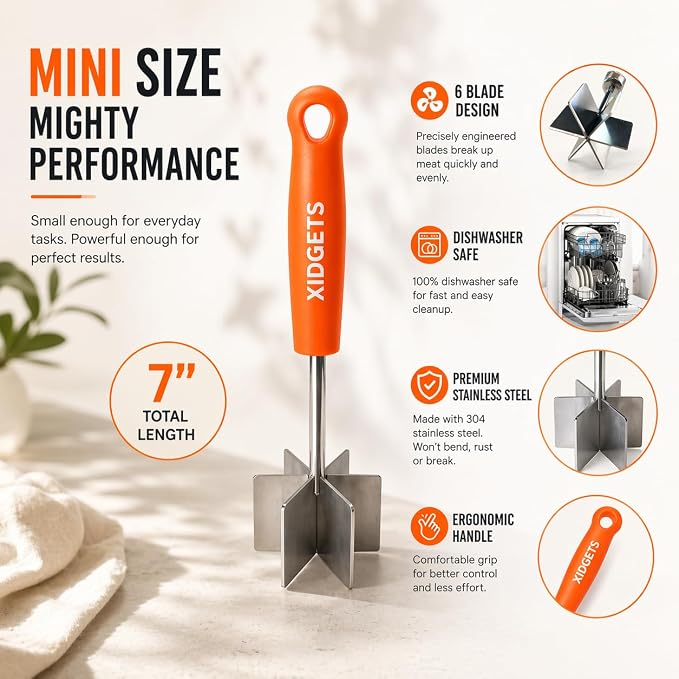 Stainless Steel Mini Meat Chopper & Masher | 6-Blade Ground Beef Chopper Tool | Small Hamburger Smasher | Compact Ergonomic Handle | Dishwasher Safe - 7" (Retro Orange Mini)