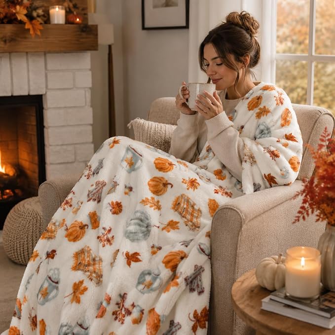 Fall Throw Blanket Soft Fleece: Pumpkin Spice and Everything Nice with Books Wraps Coffees Lattes Pumpkins Pies Oversized 70" inches x 50" inches