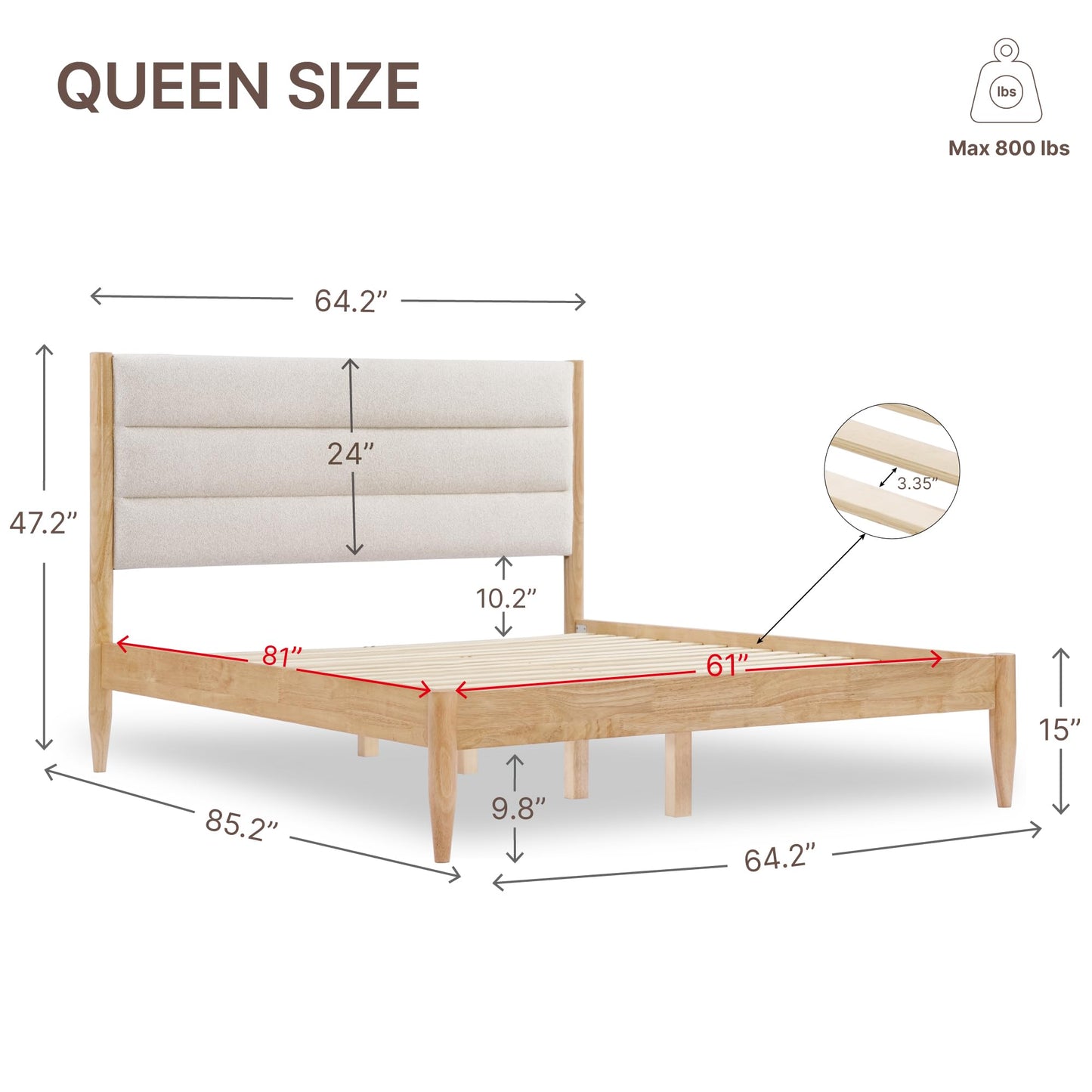 KISLOT Wood Bed Frame with Upholstered Headboard Wooden Platform with Silent Slat Support Mattress Foundation No Box Spring Needed, Easy Assembly