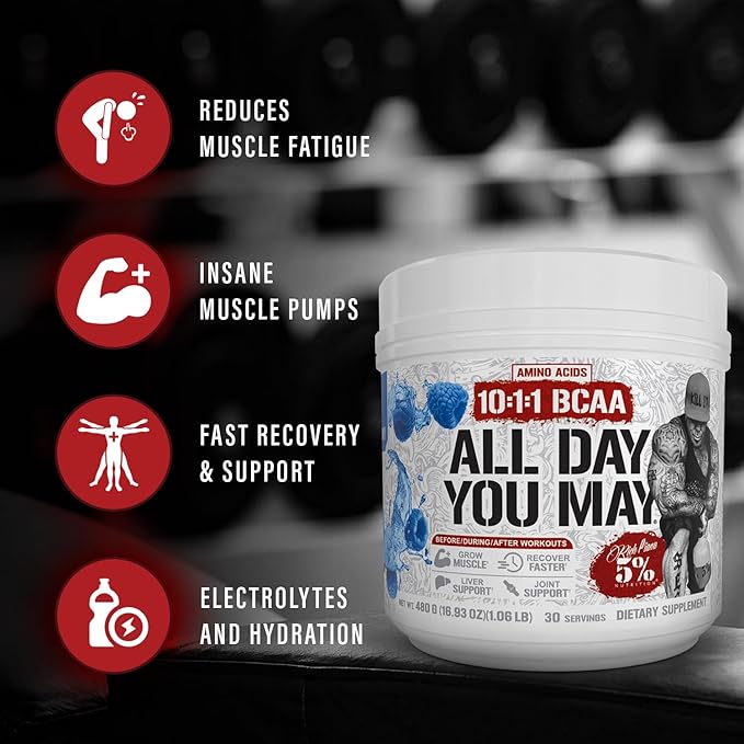 5% Nutrition Rich Piana AllDayYouMay BCAA Powder | Premium Intra & Post Workout Amino Acids, Hydration, Endurance, Muscle Recovery, Joint & Liver Support | 15.3 oz, 30 Servings (Mango Pineapple)