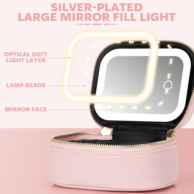Mini Makeup Bag with Led Mirror, Small Travel Make up Bag 3 Light Modes Adjustable Brightness, for Women Organizer Cosmetic Bag, Portable Travel Train Toiletry Bag, for Pool Parties Work Touch-Ups