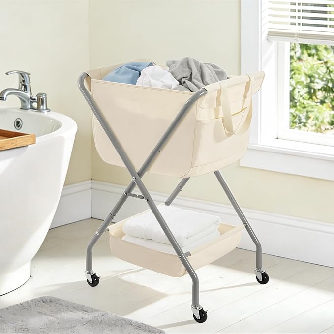 STORAGE MANIAC Collapsible Laundry Cart with Wheels 35.6"H Removable Canvas Bag Rolling Laundry Hamper Clothes Basket with Wheels, Sturdy Steel Frame Folding for Small Narrow Space Easy Storage, Beige