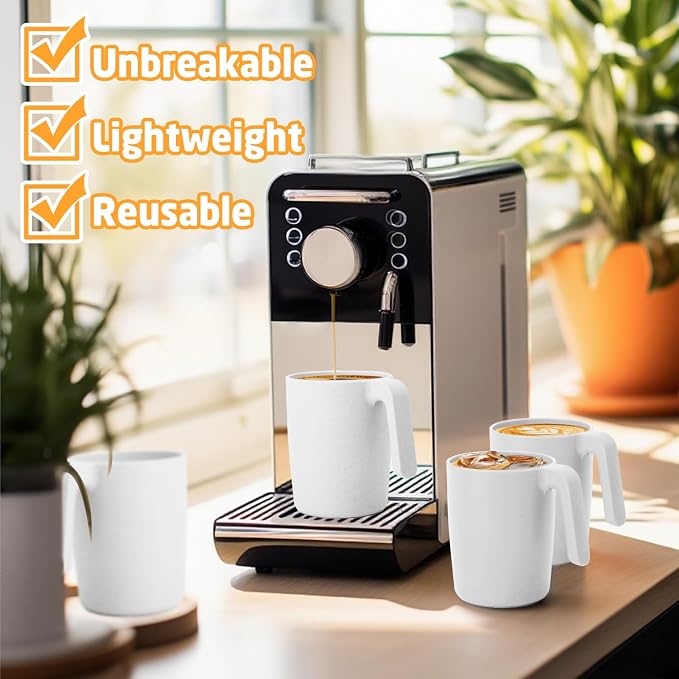 Wheat Straw Cups 16 OZ, Unbreakable Coffee Mugs Set of 6, Alternatives to Plastic Drinking Cups Reusable, Dishwasher Safe Coffee Cups for Kitchen, Camping, Farmhouse - White