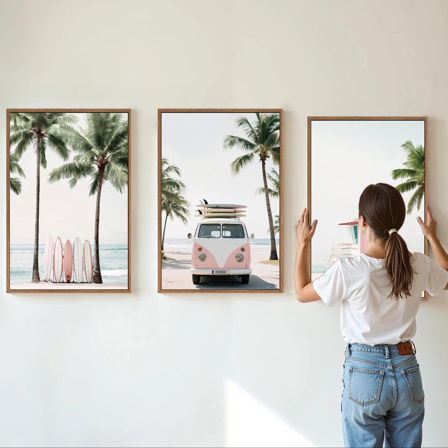 KYLESONLIE Tropical Beach Themed Framed Canvas Wall Art, Pastel Girly Surfboard Wall Decor, Relaxing Hawaii Palm Tree Posters, Coastal Beachy Art Paintings for Girls Bedroom Living Room Dorm 16"x24"x3
