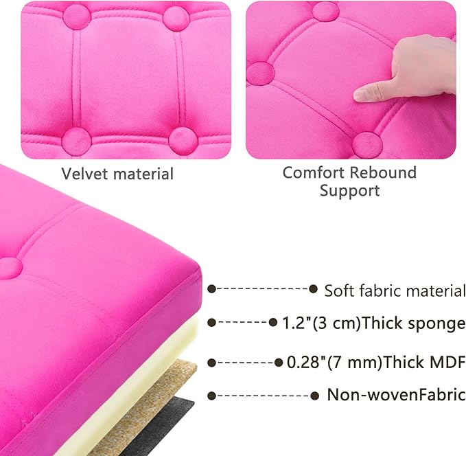 AmasSmile® Storage Ottoman Foot Rest Stool, 34 inch Velvet Footstool Bench, Short Ottoman Stool, Small Folding Storage Ottoman Store Books, Records, Rose