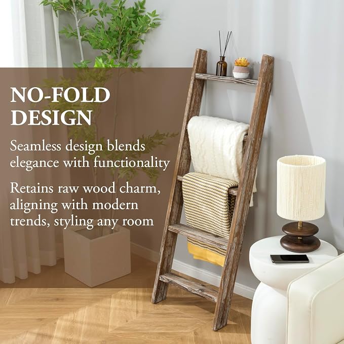 MyGift Decorative Ladder Shelf, 4.5 Foot Wall Leaning Wooden Towel Blanket Ladder Storage Rack for Bathroom or Living Room, Torched Brown Wood