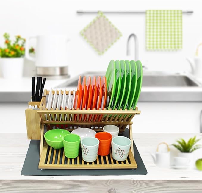 YZHDUXIU Bamboo Dish Drying Rack with Utensil Holder, 3 Tier Collapsible Dish Rack, Large Dish Racks for Kitchen Counter, Wooden Folding Dish Drainer with Dish Drying Mat (3 Tier (with Drying Mat))