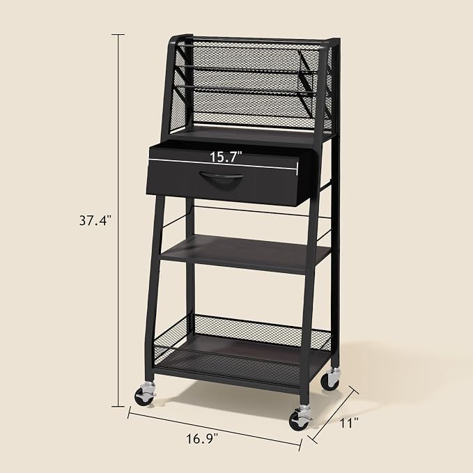 Homsorout 3 Tier Rolling Cart - Metal Utility Cart with Storage Drawer and Wheels, Versatile Art & Craft Organizer for Home, Office, or Studio - Ideal for Storing Brushes, Paints, and Supplies（Black）