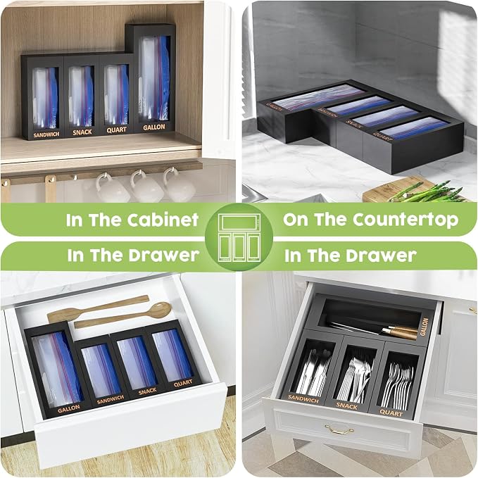 DALSHABET Bamboo Storage Bag Organizer for Kitchen Drawer, 4 Separate Food Storage Bag Organizer, 12x14 Baggie Organizer Dispenser for All Brands Gallon, Snack, Sandwich & Quart Slider Bags Black