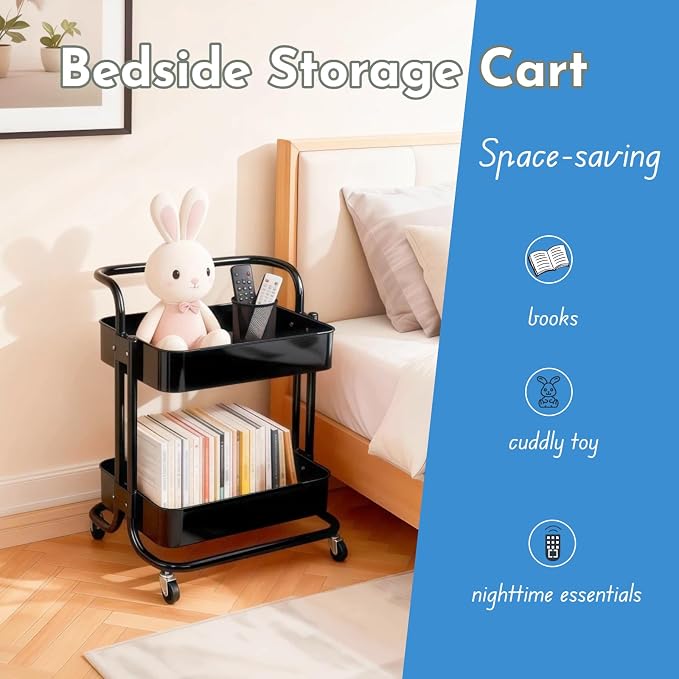 2 Tier Rolling Utility Cart with Wheels All-Metal Short Pantry Cart Under Desk Storage Trolley with Handle, Small Rolling Storage Shelf for Small Space Kitchen Laundry Room Bathroom, Black