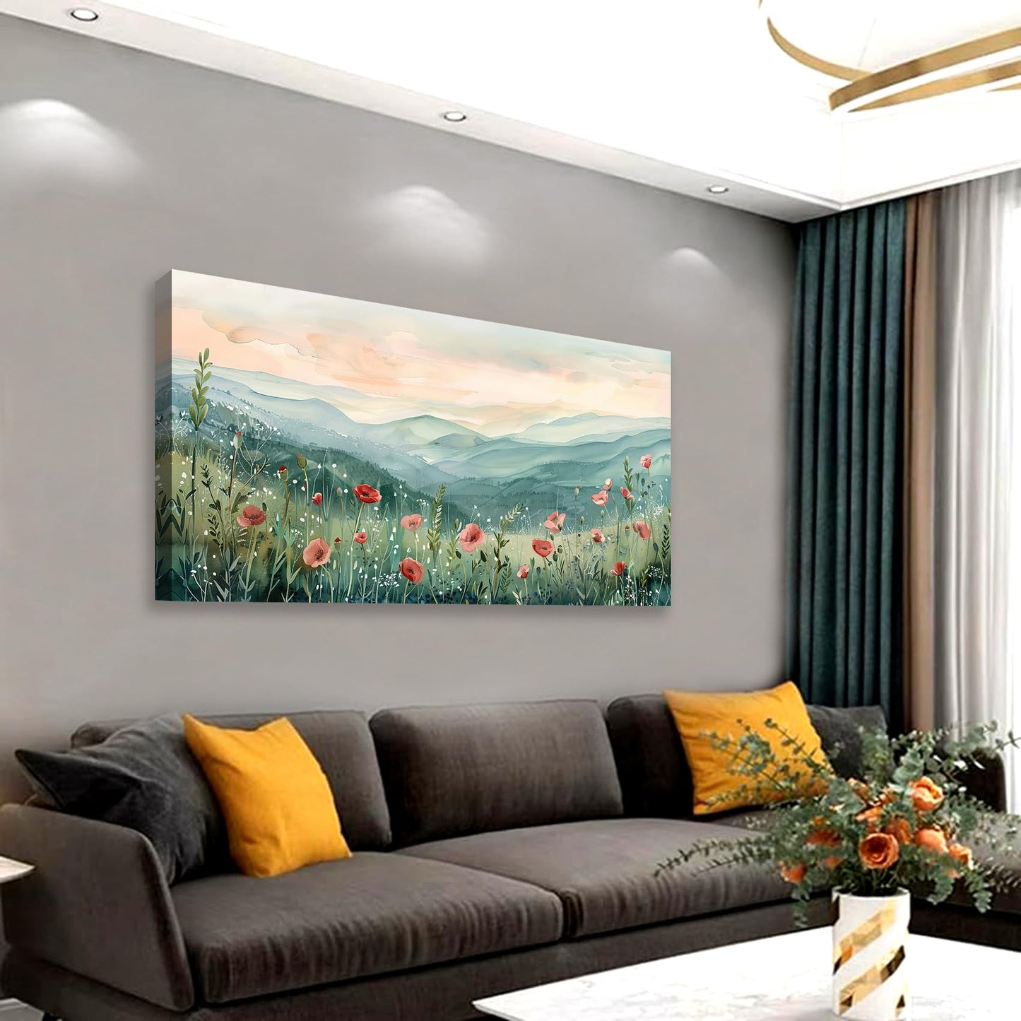 Tucai Decor Floral Landscape Canvas Wall Art 20 x 40 inches Poppies in Mountain Valley Home Decor Art Prints for Living Room Bedroom Office Ready to Hang