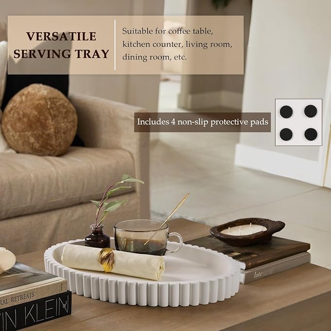 Oval Tray for Coffee Table Decor, 15" Concrete Tray, Table Centerpieces Decorative Trays for Home Decor, Modern Decorative Trays for Coffee Tables, Centerpiece Trays, White