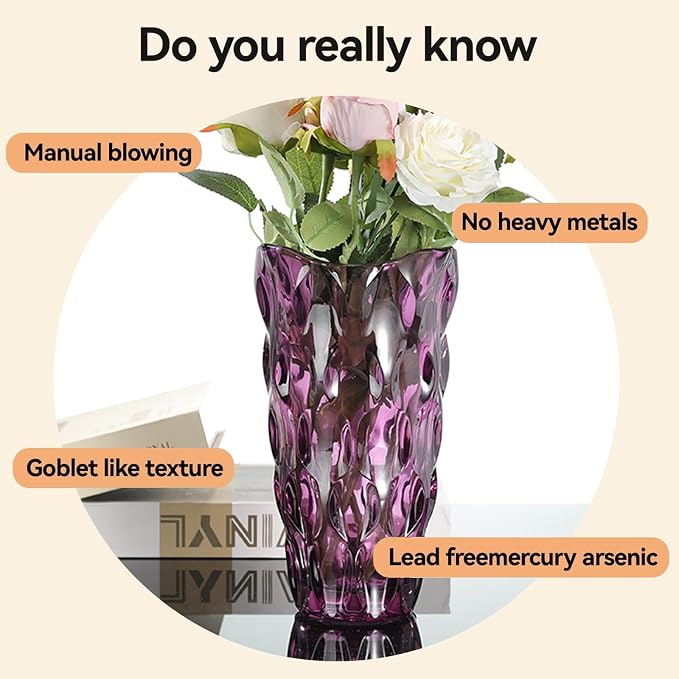 CEMABT 9.5inch 3.4 lb Glass Vases for Flowers Unbreakable Thickened Morden vase for Tables Centerpieces,Colorful,Vintage and Clear Rose Large Flower vases for Bouquet Unique Gifts（Purple）